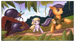 Size: 2082x1162 | Tagged: safe, artist:alexmakovsky, imported from derpibooru, daring do, derpy hooves, giant spider, pegasus, pony, spider, cave, gritted teeth, jungle, running, spider web