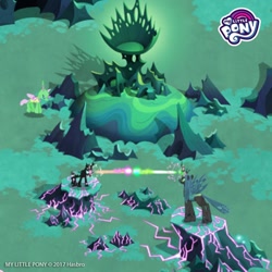 Size: 1080x1080 | Tagged: safe, imported from derpibooru, queen chrysalis, thorax, changedling, changeling, changeling queen, beam struggle, blast, changeling kingdom, chrysalis' throne, female, gameloft, magic, magic beam, magic blast, my little pony logo
