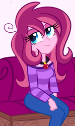 Size: 535x895 | Tagged: safe, artist:wubcakeva, imported from derpibooru, oc, oc only, oc:contralto, equestria girls, clothes, disguised siren, equestria girls-ified, jewelry, lidded eyes, pendant, sitting, smiling, solo