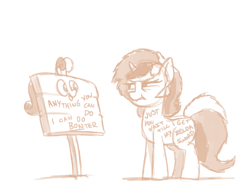 Size: 1280x985 | Tagged: safe, artist:docwario, imported from derpibooru, bon bon, sweetie drops, oc, oc:sign, pony, unicorn, anything you can do, askblankbon, body writing, female, looking at each other, monochrome, pun, sign, simple background, squint, transformation, white background