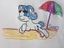 Size: 3264x2448 | Tagged: safe, artist:creamyfairy, imported from derpibooru, rarity, pony, beach, female, sleeping, solo, sun, sunglasses, traditional art, umbrella