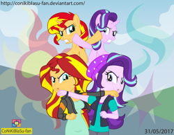 Size: 1477x1151 | Tagged: safe, artist:conikiblasu-fan, imported from derpibooru, starlight glimmer, sunset shimmer, pony, unicorn, equestria girls, mirror magic, spoiler:eqg specials, beanie, clothes, cross counter, fight, hat, hilarious in hindsight, human ponidox, out of character, punch, self ponidox, sunset vs starlight, sunset vs starlight debate