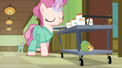 Size: 1920x1080 | Tagged: safe, imported from derpibooru, screencap, first check, silver scrubs, whammy, pony, unicorn, a flurry of emotions, cart, clothes, pants, ponyville hospital, race swap, scrubs, scrubs (gear), solo