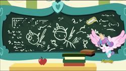 Size: 1920x1080 | Tagged: safe, imported from derpibooru, screencap, princess flurry heart, spike, twilight sparkle, alicorn, dragon, pony, a flurry of emotions, apple, baby, book, chalk, chalk drawing, chalkboard, diaper, female, flurry art, flurry heart's chalkboard, food, meme origin, princess flurry smart, school, solo, twilight sparkle (alicorn)