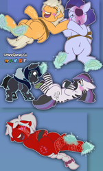 Size: 3000x5000 | Tagged: safe, artist:soranotamashii, imported from derpibooru, oc, oc only, oc:blue dusk, oc:crimson (ice1517), oc:espio, oc:sandy storms, oc:sha'leka, bat pony, changeling, pony, unicorn, zebra, absurd resolution, belly button, blushing, bondage, bow, burn, changeling oc, crying, eyepatch, eyes closed, feather, female, fetish, hoof tickling, laughing, male, mare, mouth hold, oc x oc, rope, rope bondage, shipping, stallion, straight, tattoo, tears of laughter, tickle fetish, tickle torture, tickling, underhoof