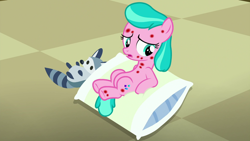 Size: 1920x1080 | Tagged: safe, imported from derpibooru, screencap, aquamarine, pony, raccoon, a flurry of emotions, aquasad, cutie mark, female, filly, floor, horsey hives, laying on pillows, lying, pillow, plushie, sad, solo, worried