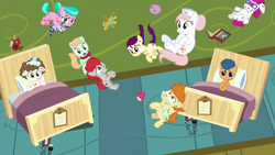 Size: 1920x1080 | Tagged: safe, imported from derpibooru, screencap, aquamarine, boysenberry, first base, gallop j. fry, little red, nurse redheart, peach fuzz, super funk, train tracks (character), pony, a flurry of emotions, horsey hives, levitation, magic, ponyville hospital, telekinesis, train tracks (g4), zero gravity