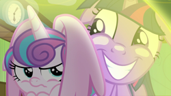 Size: 1920x1080 | Tagged: safe, imported from derpibooru, screencap, princess flurry heart, twilight sparkle, alicorn, pony, a flurry of emotions, angry, aunt and niece, floppy ears, flurry heart is not amused, force field, grin, magic, magic bubble, out of context, ponyville hospital, shield, smiling, twilight sparkle (alicorn), unamused