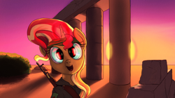 Size: 2870x1614 | Tagged: safe, artist:aaronmk, imported from derpibooru, sunset shimmer, pony, clothes, female, gun, kurdistan, rifle, ruins, solo, sun, sunset, weapon