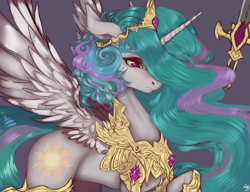 Size: 3000x2300 | Tagged: safe, artist:alicetam, imported from derpibooru, princess celestia, alicorn, pony, armor, detailed, female, hair over one eye, mare, solo, spread wings, warrior celestia, wings