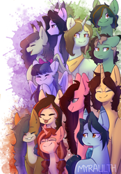 Size: 1600x2293 | Tagged: safe, artist:myralilth, imported from derpibooru, oc, oc only, oc:ardea, oc:aster, oc:citrus, oc:evening star, oc:fawn, oc:fialka, oc:kai, oc:lilac, oc:mossy, oc:quiyl, oc:ruby swift, earth pony, pegasus, pony, unicorn, disguised siren, eyes closed, female, glasses, mare, smiling, tongue out, trans, transgender