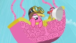 Size: 1280x720 | Tagged: safe, imported from derpibooru, screencap, cherry berry, pony, the mysterious mare do well, falling, female, goggles, hot air balloon, looking down, megaphone, solo, the onion, twinkling balloon