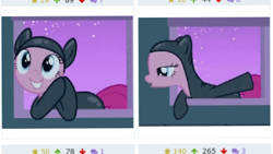 Size: 465x262 | Tagged: safe, imported from derpibooru, screencap, pinkie pie, pony, derpibooru, it's about time, breaking the fourth wall, cropped, female, juxtaposition, mare, meta, screenshots, skinsuit, solo, stealth suit