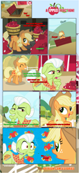 Size: 1919x4225 | Tagged: safe, artist:estories, imported from derpibooru, applejack, granny smith, bee, pony, comic:a(pple)ffection, absurd resolution, apple, comic, dialogue, food, innuendo