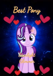 Size: 2480x3508 | Tagged: safe, artist:legionhooves, edit, imported from derpibooru, starlight glimmer, pony, adorable face, best pony, cute, female, flower, flower in hair, glimmerbetes, heart, looking at you, solo, space, stars, text, tribute