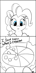 Size: 960x1920 | Tagged: safe, artist:pabbley, imported from derpibooru, pinkie pie, earth pony, pony, arrested development, comic, female, food, mare, none pizza with left beef, partial color, pizza, simple background, solo, white background