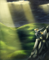 Size: 1127x1384 | Tagged: safe, artist:ipoloarts, imported from derpibooru, oc, oc only, pegasus, pony, cloud, crepuscular rays, dark clouds, hill, scenery, solo, tree