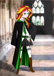 Size: 2480x3472 | Tagged: safe, artist:anelarya, imported from derpibooru, sunset shimmer, equestria girls, boots, clothes, crossover, female, garter belt, garters, harry potter, harry potter (series), human coloration, shoes, skirt, slytherin, solo