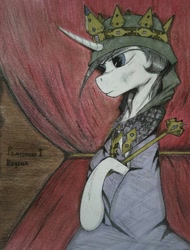 Size: 1476x1942 | Tagged: safe, artist:incrediblepanzer, imported from derpibooru, princess platinum, pony, unicorn, clothes, crown, female, jewelry, medieval, regalia, scepter, solo