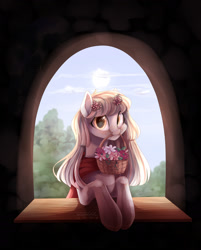 Size: 1998x2480 | Tagged: safe, artist:dreamydoll96, imported from derpibooru, oc, oc only, pony, basket, clothes, flower, mouth hold, scarf, solo, sun