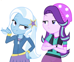 Size: 2280x1912 | Tagged: safe, artist:little903, imported from derpibooru, starlight glimmer, trixie, equestria girls, mirror magic, spoiler:eqg specials, base used, beanie, crossed arms, hat, simple background, white background