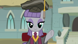 Size: 1920x1090 | Tagged: safe, imported from derpibooru, screencap, maud pie, pony, rock solid friendship, female, graduation, graduation cap, hat, necktie, rocktorate, solo, waving