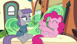 Size: 1920x1090 | Tagged: safe, imported from derpibooru, screencap, maud pie, pinkie pie, earth pony, pony, rock solid friendship, cute, diapinkes, eyes closed, female, mare, sitting, smiling