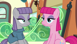 Size: 1920x1090 | Tagged: safe, imported from derpibooru, screencap, maud pie, pinkie pie, earth pony, pony, rock solid friendship, season 7, behaving like maud pie, clothes, duo, female, impersonating, mare, sitting