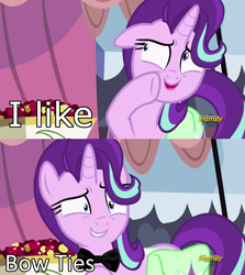 Size: 1256x1406 | Tagged: safe, edit, edited screencap, imported from derpibooru, screencap, starlight glimmer, pony, unicorn, rock solid friendship, bowtie, bowties are cool, discovery family logo, doctor who, eleventh doctor, exploitable meme, female, image macro, meme, shrunken pupils, solo, starlight's confessions, sweat