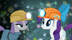 Size: 1920x1090 | Tagged: safe, imported from derpibooru, screencap, maud pie, rarity, earth pony, pony, unicorn, rock solid friendship, season 7, bow, cave, female, gem, gem cave, helmet, mare, mining helmet