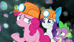 Size: 1920x1090 | Tagged: safe, imported from derpibooru, screencap, pinkie pie, rarity, spike, dragon, rock solid friendship, cave, crying, gem, gem cave, helmet, lip quiver, mining helmet, sweat, teary eyes