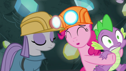 Size: 1920x1090 | Tagged: safe, imported from derpibooru, screencap, maud pie, pinkie pie, spike, dragon, rock solid friendship, helmet, mining helmet