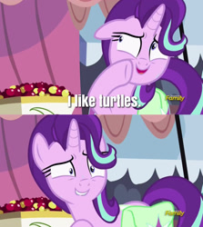 Size: 536x600 | Tagged: safe, edit, edited screencap, imported from derpibooru, screencap, starlight glimmer, pony, rock solid friendship, exploitable meme, i like turtles, meme, starlight's confessions