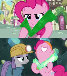 Size: 1920x2180 | Tagged: safe, imported from derpibooru, screencap, maud pie, pinkie pie, pony, a friend in deed, rock solid friendship, check mark, comparison, gem, helmet, mining helmet