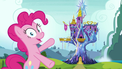 Size: 1920x1090 | Tagged: safe, imported from derpibooru, screencap, pinkie pie, pony, rock solid friendship, female, mare, pointing, solo, twilight's castle