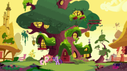 Size: 1152x648 | Tagged: safe, imported from derpibooru, screencap, fluttershy, spike, twilight sparkle, bee, dragon, friendship is magic, animated, balcony, bush, flower, gif, golden oaks library, hive, lantern, looking up, ponyville, scenery, tree