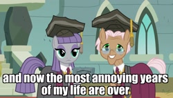 Size: 1920x1090 | Tagged: safe, edit, edited screencap, imported from derpibooru, screencap, maud pie, rusty tenure, pony, rock solid friendship, diploma, graduation, graduation cap, hat, image macro, meme
