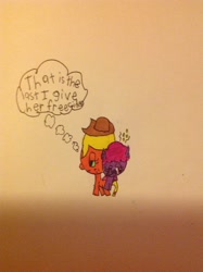 Size: 2592x1936 | Tagged: safe, artist:doodlequeen, imported from derpibooru, applejack, berry punch, berryshine, pony, blushing, bubble, carrying, drunk, fed up, freckles, smiling, thought bubble, trotting