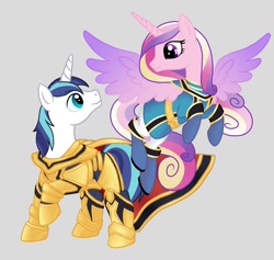 Size: 1024x969 | Tagged: safe, artist:w00tnewt, imported from derpibooru, princess cadance, shining armor, alicorn, pony, unicorn, blue ranger, clothes, cosplay, costume, female, gold ranger, magishine, mahou sentai magiranger, male, power rangers, power rangers mystic force, shiningcadance, shipping, solaris knight, straight, super sentai