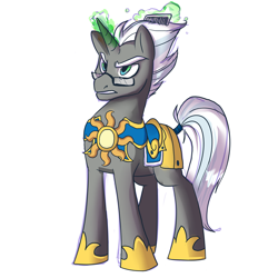 Size: 750x750 | Tagged: safe, artist:dinkelion, imported from derpibooru, oc, oc only, oc:scope, oc:sunflare, pony, unicorn, armor, comb, glasses, magic, male, royal guard, simple background, solo, stallion, white background