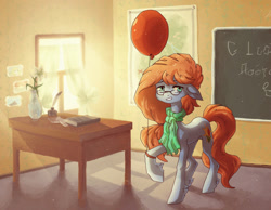 Size: 1777x1380 | Tagged: safe, artist:koviry, imported from derpibooru, oc, oc only, pony, balloon, chalkboard, classroom, clothes, glasses, scarf, solo, teacher