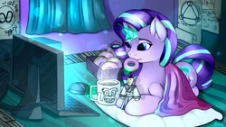 Size: 1920x1080 | Tagged: safe, artist:malamol, imported from derpibooru, starlight glimmer, pony, unicorn, bedroom, blanket, computer, cute, donut, eating, female, food, glimmerbetes, glowing horn, magic, mare, pillow, samurai jack, smiling, solo, telekinesis