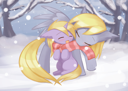 Size: 1512x1075 | Tagged: safe, artist:howxu, imported from derpibooru, derpy hooves, dinky hooves, pony, blushing, clothes, cute, derpabetes, dinkabetes, duo, ear fluff, equestria's best mother, eyes closed, howxu is trying to murder us, mother and daughter, mouth hold, nuzzling, scarf, sitting, snow, tree, weapons-grade cute, winter