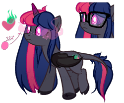 Size: 588x487 | Tagged: safe, artist:lullabyprince, deleted from derpibooru, imported from derpibooru, oc, oc only, oc:burning love, alicorn, bat pony, bat pony alicorn, pony, bat wings, colored pupils, female, glasses, mare, offspring, parent:twilight sparkle, simple background, solo, transparent background