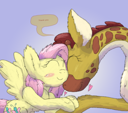 Size: 4040x3594 | Tagged: safe, artist:firefanatic, imported from derpibooru, clementine, fluttershy, giraffe, fluttershy leans in, absurd resolution, chest fluff, cute, dialogue, fluffy, heart, nuzzling, shyabetes