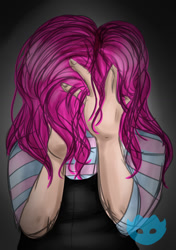 Size: 1049x1487 | Tagged: safe, artist:jessicathecrazycat, imported from derpibooru, pinkie pie, human, clothes, female, humanized, pinkamena diane pie, sad, solo