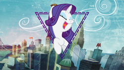 Size: 3840x2160 | Tagged: safe, artist:abion47, artist:iphstich, artist:laszlvfx, edit, imported from derpibooru, rarity, pony, unicorn, bridge, city, cityscape, crystaller building, eyes closed, eyeshadow, female, makeup, manehattan, mare, open mouth, pier, smiling, solo, wallpaper, wallpaper edit