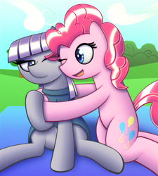 Size: 5400x6000 | Tagged: safe, artist:t.f.a.n.c.s., imported from derpibooru, maud pie, pinkie pie, pony, absurd resolution, duo, hug, legs together, one eye closed, pie sisters, siblings, sisters, sitting, smiling