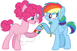 Size: 800x533 | Tagged: safe, artist:nahoge-trash, imported from derpibooru, pinkie pie, rainbow dash, pony, alternate hairstyle, base used, blushing, female, lesbian, pinkiedash, shipping, simple background, transparent background, watermark