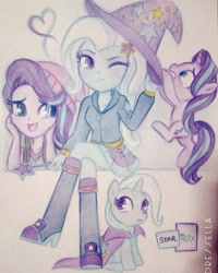 Size: 873x1091 | Tagged: safe, artist:dressella, imported from derpibooru, starlight glimmer, trixie, pony, unicorn, equestria girls, best friends, boots, cape, clothes, cute, female, girlfriend, hanging, hat, heart, hoodie, human ponidox, jacket, lesbian, mare, one eye closed, raised leg, self ponidox, shipping, shoes, sitting, skirt, skirt lift, smiling, startrix, thighs, trixie's cape, trixie's hat